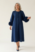 Barbara Navy Flower-Cuff Midi Dress