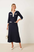 Navy Contrast Ribbed Knit Midi Dress