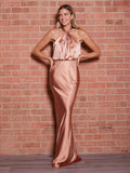 Twist Neck Satin Maxi Dress, Bronze