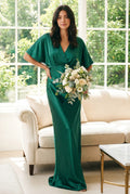 Angel Sleeve Maxi Satin Dress, Emerald Green