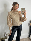 Sabrina Long Sleeved Drape Top, Gold Sequin