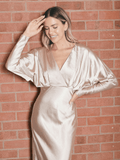 Kimono Long Sleeve Satin Maxi Dress, Champagne