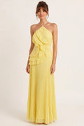 Yellow Pleated Halter Maxi Dress