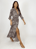 Daphne Belted Shirt Dress, Neutral Animal Print