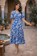 Blue and White Puff Sleeve Midi Dress