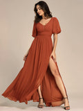 Short Sleeve V-Neck Front Slit Chiffon Evening Dress