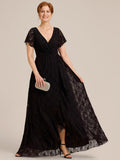 V-Neck Short Sleeve Pleated Ruffled Lace Mother of the Bride Dress