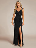 Elegant Sequin V Neck High Slit Wedding Guest Dress