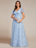 A-Line Floral Tulle V-Neck Evening Dress with Short Sleeve