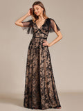 Flared Sleeve Embroidered Mesh Evening Maxi Dress
