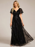 Illusion V-neck Sequin Maxi Evening Dress