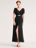 Rhinestone Embellished Chiffon Ruffle Sleeve Wedding Guest Dress