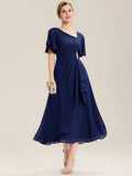 Rhinestone Embellished Chiffon Ruffle Sleeve Wedding Guest Dress