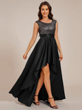 Round Neck Sequin Bodice High-Low Evening Dress With Satin Skirt