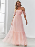 Off the Shoulder Sweetheart Pleated Tulle Dress In Pink