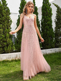 Sequined V-Neck Tulle Sleeveless Dress with Empire Waist In Pink