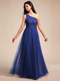 One Shoulder Tulle Maxi Prom Dress with Embellished Bodice