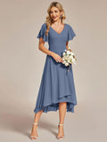 High Low Chiffon Dress with V-Neck and Ruffle Sleeves