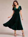 Striped Velvet Flutter Sleeves V-Neck Midi Evening Dress