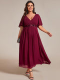 Plus Size V-Neck Chiffon Midi Wedding Guest Dress with Waist Applique (Final Sale)