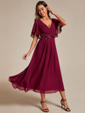 V-Neck Chiffon Midi Evening Dress with Waist Applique (Final Sale)