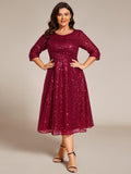 Plus Size Dazzling Sequin A-Line Midi Evening Dress with Long Sleeves (Final Sale)