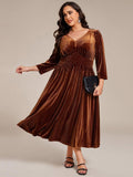 Plus Size V-neck Long Sleeve Velvet A-Line Midi Wedding Guest Dress