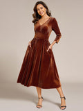 V-neck Long Sleeve Velvet A-Line Midi Wedding Guest Dress