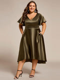 Plus Size High-Low Satin Guest Dress with Pockets
