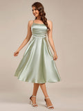 Pleated Adjustable Strap Midi Sleeveless Satin Wedding Guest Dress