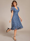 V-Neck Lace Lotus Leaf Ruffles Sleeve Midi Length Wedding Guest Dress