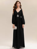 Rhinestone Embellished Chiffon Lantern Sleeve Dress
