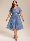 Plus Size Glitter Ruffles Sleeve Asymmetrical Hem Midi Wedding Guest Dress