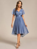Glitter V-Neck Ruffles Sleeve Asymmetrical Hem Midi Length Wedding Guest Dress