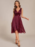 Glitter V-Neck Pleated Lotus Leaf Sleeveless Midi Length Wedding Guest Dress