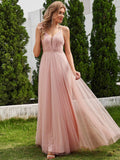 Pearl Embellishments V-Neck A-Line Dresses with Spaghetti Strap In Pink