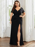 Plus Size Front Slit Short Sequin Sleeve Mother of the Bride Dress