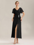 Rhinestone Embellished Chiffon Ruffle Sleeve Evening Dress