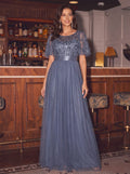 Women's A-Line Short Sleeve Embroidery Floor Length Evening Dresses