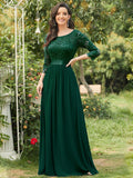 See-Through Floor Length Lace Dress with Half Sleeve in Dark Green