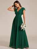 Elegant V-Neck Open Back Chiffon Bridesmaid Dress with Ruffled Sleeves