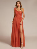 Elegant One Shoulder Maxi Tulle High Slit Bridesmaid Dress