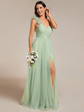 Elegant One Shoulder Maxi Tulle High Slit Dress In Sage Green