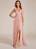 Elegant One Shoulder Maxi Tulle High Slit Dress In Pink