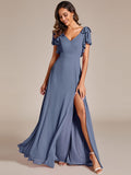 Double V-Neck High Split Dress with Ribbon Bow in Dusty Blue