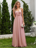 Sleeveless Paillette Tulle Dress with Cross-Back Straps In Pink