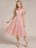 Junior Round Neck Embellished Midi Tulle Bridesmaid Dress