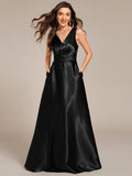 Sleeveless Empire Waist Satin Maxi Dress With Pockets in Black