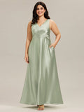 Plus Size Sleeveless Empire Waist Satin Maxi Bridesmaid Dress With Pockets