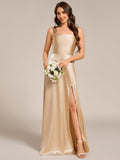Square Neck Satin Maxi Bridesmaid Dress with Slit
